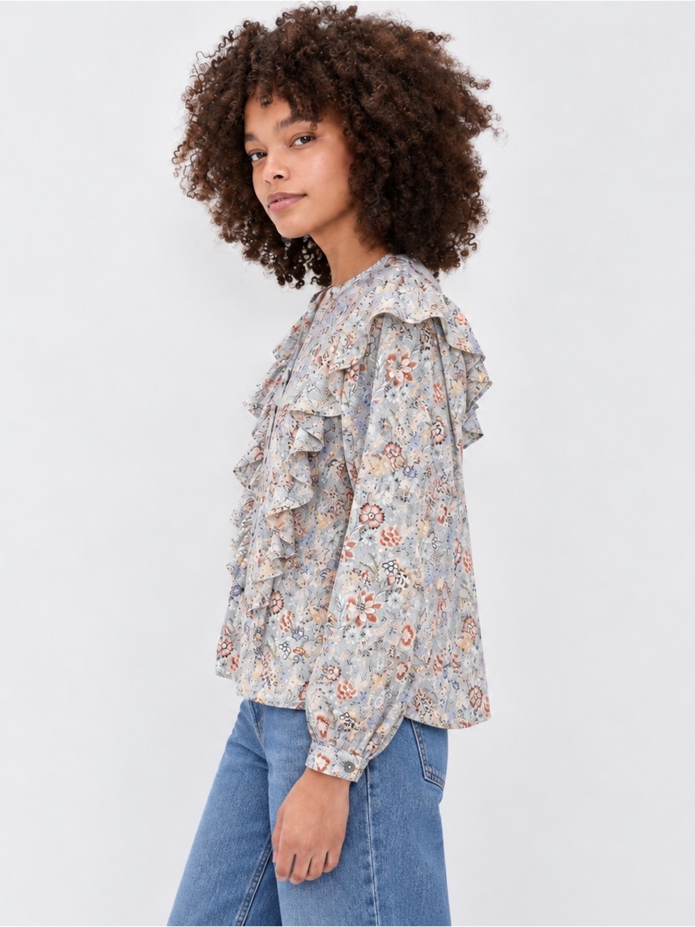 La Vie Rebecca Taylor Cherise Floral Ruffle Blouse Blue Size M